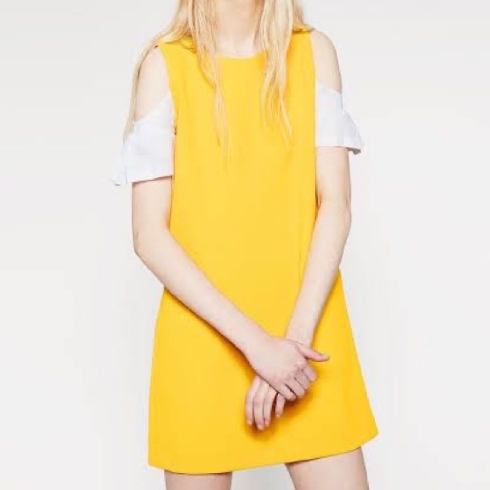 ZARA Mini Dress Poplin Cold Shoulder Textured Women’s Medium Yellow Sun-Dress - Picture 1 of 9